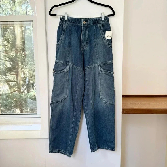 New Free People All Star Pull On Wide Leg Baggy Low Slung Jeans Cargo Medium - Picture 7 of 14